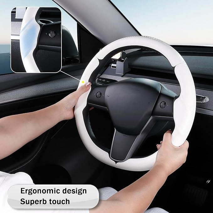 Steering Wheel Cover for 2017-2023 Tesla Model 3 2020-2024 Tesla Model Y, Carbon Fiber Steering Wheel Cover for Tesla Model 3/Y Accessories, Matte White