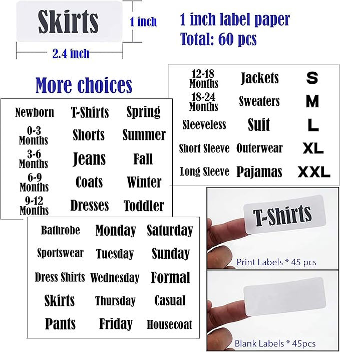 16 Pack White Clothing Rack Size Dividers Plus 45 Labels (1 Inch) and 18 Large Blank Labels, Large Rectangular Clothing Close