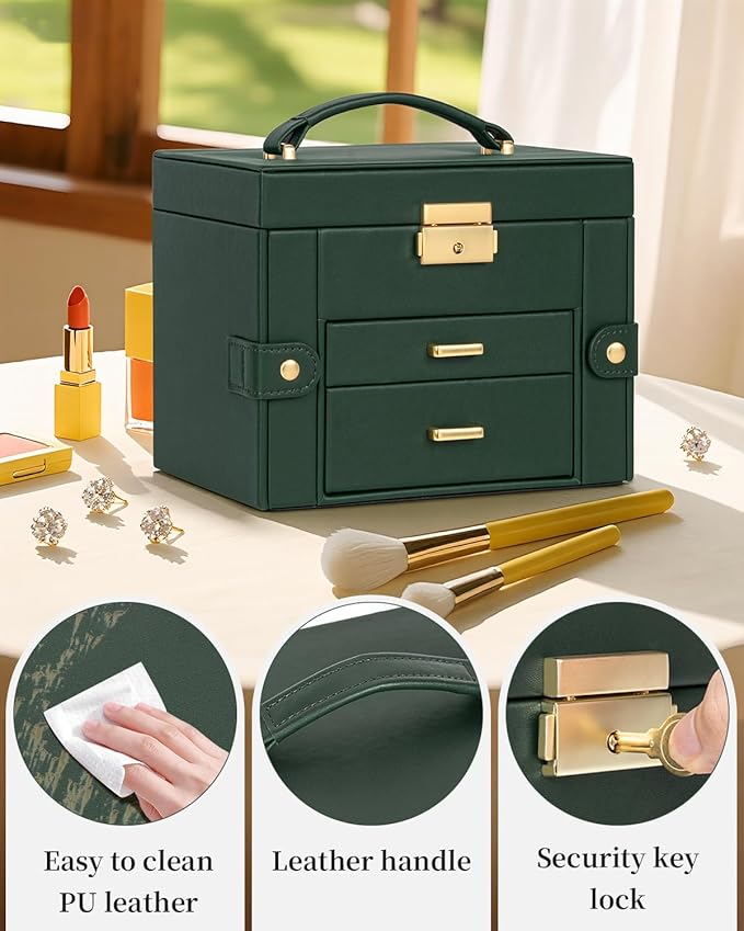 TORIBIO Jewelry Box for Women, Leather Jewelry Organizer with Mirror & Lock, 3-Tier Jewelry Storage Organizer with 2 Drawers 