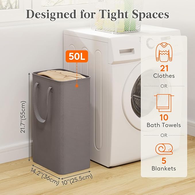 Lifewit 50L Slim Laundry Hamper, Narrow Small Laundry Basket with Handle for Dirty Clothes, Collapsible Tall Thin Laundry Bin