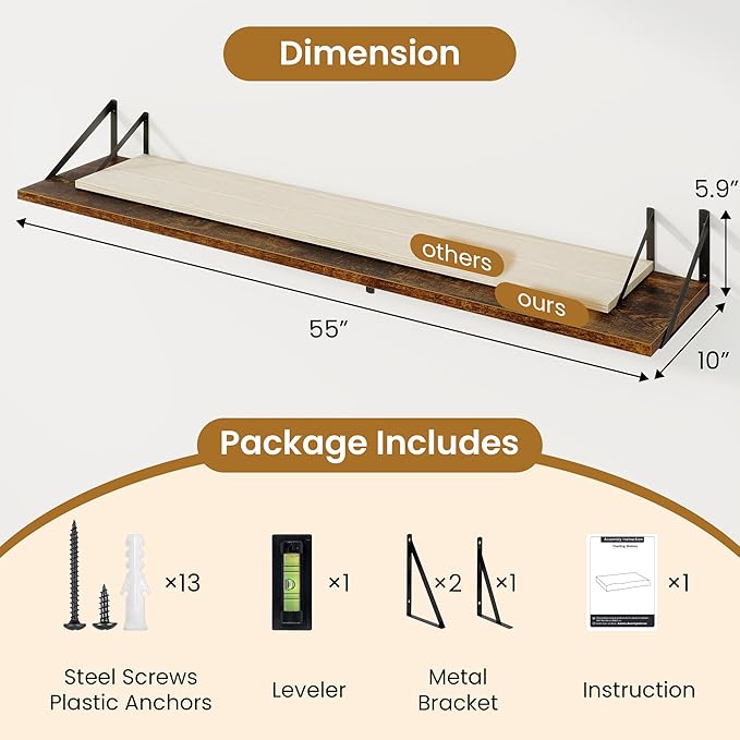 Deep Floating Shelves,55" Wx10 D Wood Wall Shelves Set of 2,Long Wood Floating Shelf with Metal Brackets,Floating Bookshelf f