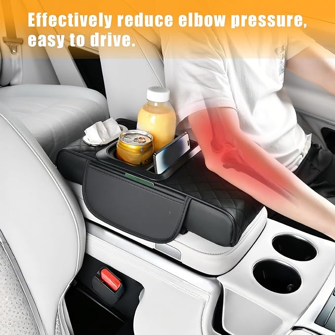 Center Console Cover for Car with Cup Holder and Tissue Box, PU Leather Armrest Storage Box with Phone Pocket, Heightening Car Armrest Cushion for Most SUV, Truck Interior