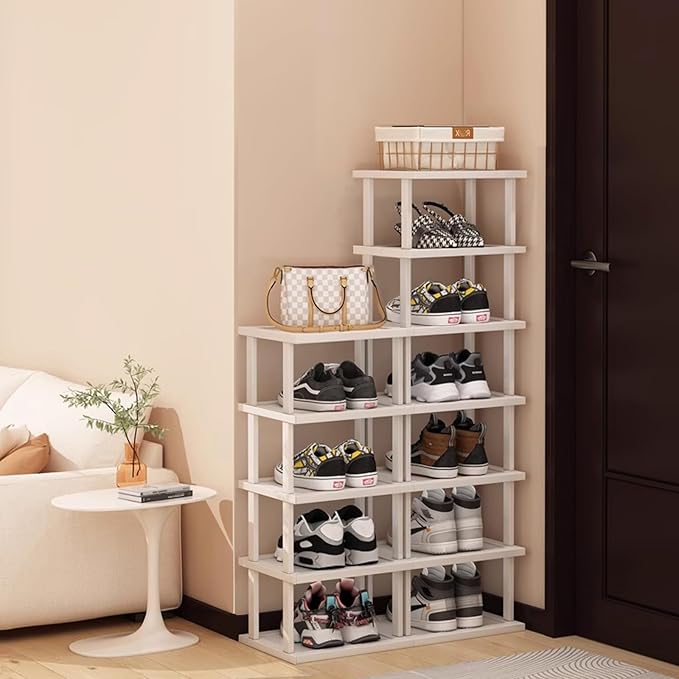 SAN HE Bamboo Shoe Rack 17 Tier- Vertical Shoe Rack for Small Spaces, Tall Narrow Shoe Rack Organizer for Closet Entryway Cor