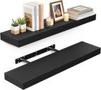 BAMEOS Bamboo Floating Shelves Wall Mounted Wooden Shelves with Invisible Brackets Set of 2, Hanging Wall Decor for Bedroom, 