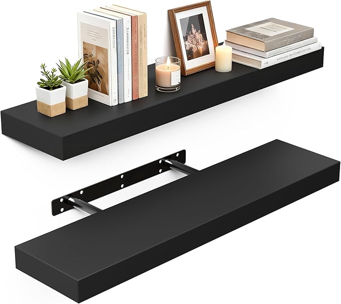 BAMEOS Bamboo Floating Shelves Wall Mounted Wooden Shelves with Invisible Brackets Set of 2, Hanging Wall Decor for Bedroom, 