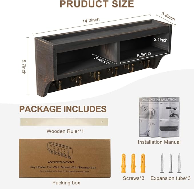 Key Holder Wall Mount - Mail Organizer Wall Mount with 6 Key Hooks and Storage Box for Sunglasses Storage and Dog Leash Holde