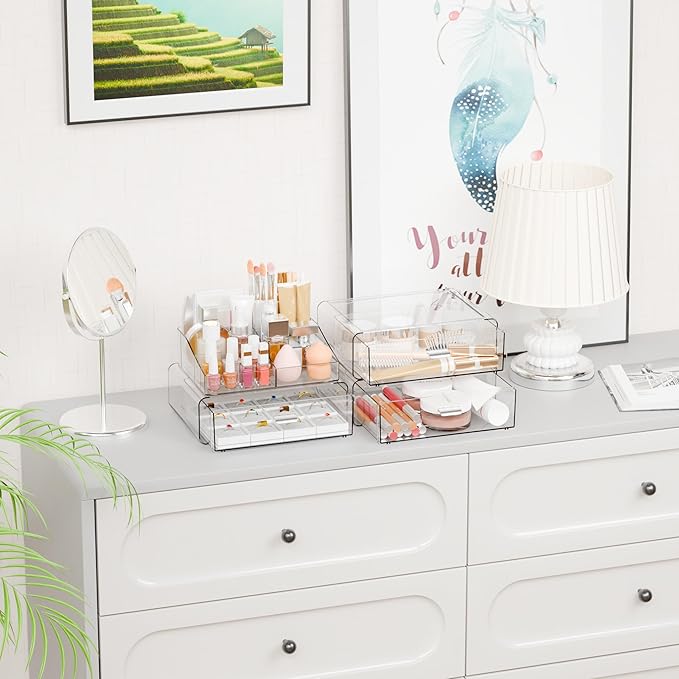 Yieach 4 Tier Clear Acrylic Makeup Organizers with Drawers,Tiered Countertop Make up Storage Organizer for Dresser Top and Ba