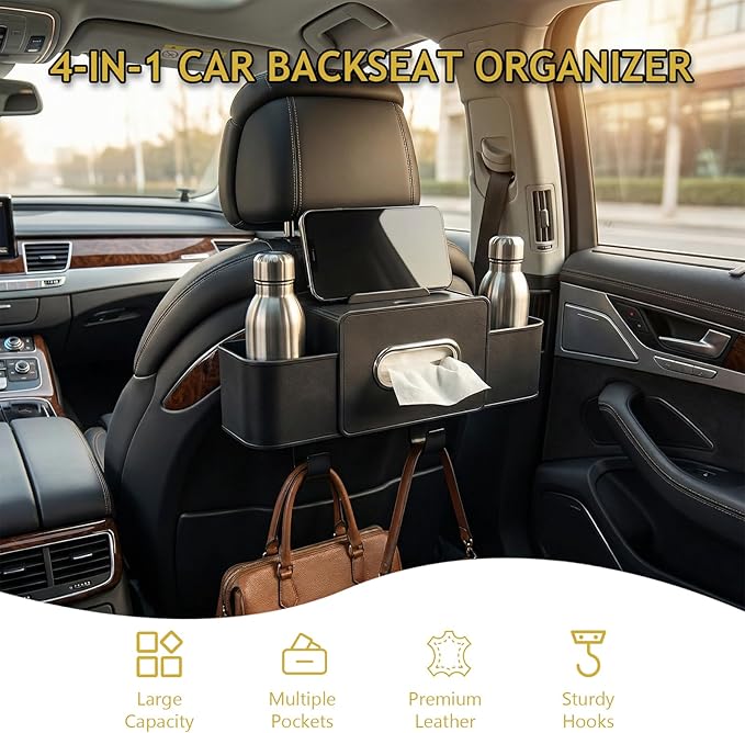 Backseat Car Organizer, 4 in 1 Multifunctional Car Back Seat Storage Organizer with Tissue Box, 2 Cup Holders, Phone Stand and Hooks, Automotive Seat Back Organizers (Orange)