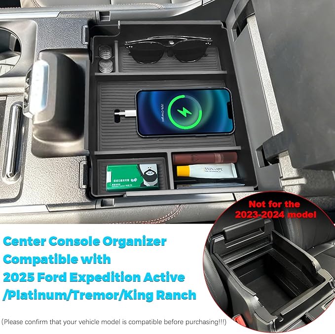 Upgrade Center Console Organizer Compatible with 2025 2026 Ford Expedition Active/Platinum/Tremor/King Ranch - Middle Armrest Storage Box Insert Tray Adopt ABS Material (Not for the 2023-2024 Model)