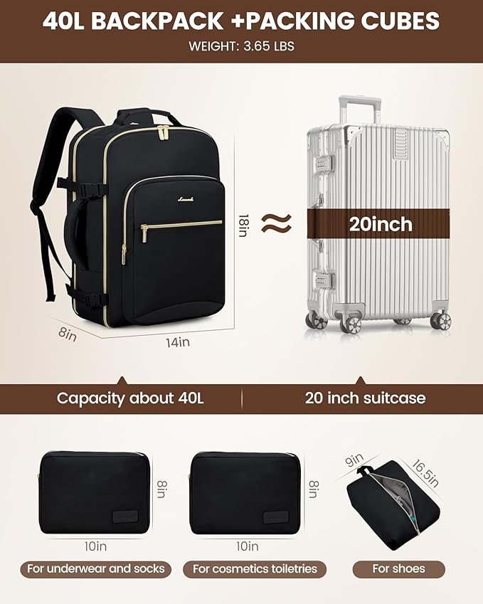 LOVEVOOK Travel Backpack for Women & Men 40L,Airline Approved Carry On Backpack Travel Essentials,TSA Carry on Luggage,Waterp