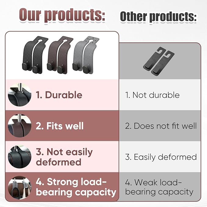 Headrest Hooks for Car, 4 Pack Car Seat Back Organizer Storage Hook, Double Hook Leather Car Seat Hooks for Purses and Bags, Groceries, and Accessories (Black*2+Brown *2)