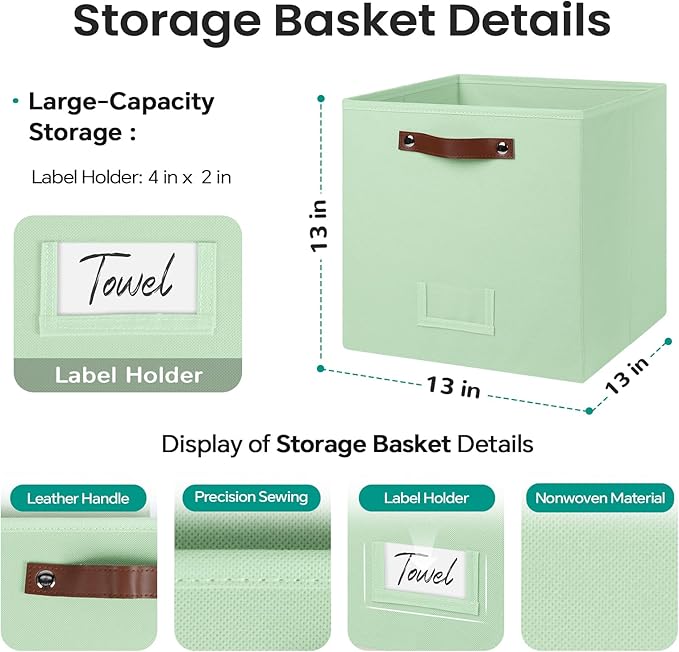 FinishingBo 6-Pack Storage Cubes with Handles & Label Holders Basket, Closet Cube Home Organizer Bins(Green, 13 x 13 x 13 inc