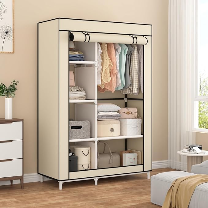 Calmootey Portable Closet Organizers, Clothing Storage, Wardrobe with 6 Shelves and Hanging Rod, Non-Woven Fabric Cover with 