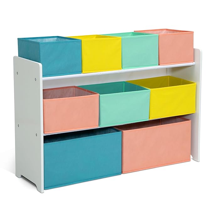 Delta Children Deluxe Multi-Bin Toy Organizer with Storage Bins - Greenguard Gold Certified, White with Blue/Orange/Pastel Bi