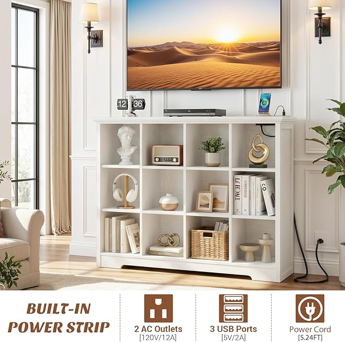 Aheaplus Wooden 12-Cube Storage Organizer with Charging Ports, Modern Cube Bookcase with Base, 4-Tier Floor Standing Open Cub