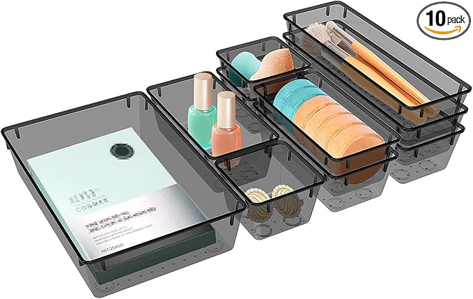 StorMiracle 10 PCS Drawer Organizer Set, 4 Varied Size Bathroom and kitchen Drawer cabinet organizer Trays, Clear Storage Bin