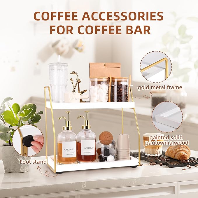 DWTS Coffee Bar Accessories,Coffee Station Organizer with Multi-Functional,CoffeeBar Decor for Accessories,2 Tier Wooden Shel