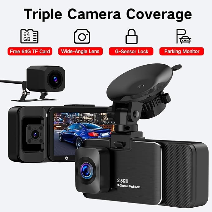 3 Channel Dash Cam Front and Rear Inside, 2.5K Dash Cam, APP Control, Night Vision, 3" IPS Screen, Built-in Wi-Fi, G-Sensor, 