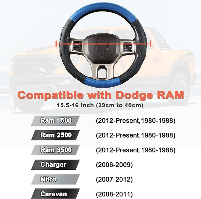 West Llama Customized Auto Car Steering Wheel Cover with 3D Texture for Dodge RAM 1500 2500 3500, 15.5-16 inch (Black+Blue-La
