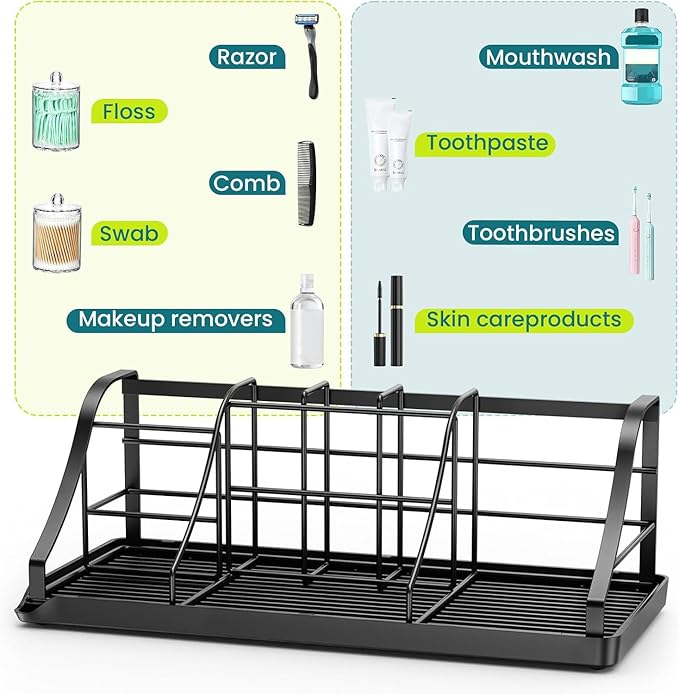 Bathroom Countertop Organizer - Detachable 7 Slots Kids Electric Black Toothbrush and Toothpaste Holder Drainage Tray for Bat