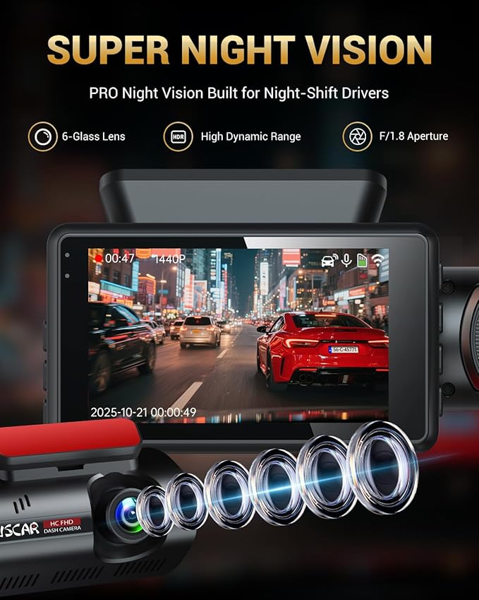 2.5K+1080P Dual Dash Cam Front and Inside, WiFi & GPS Dash Camera for Cars with 32G Card, IR Night Vision, 3" IPS Screen, Ins