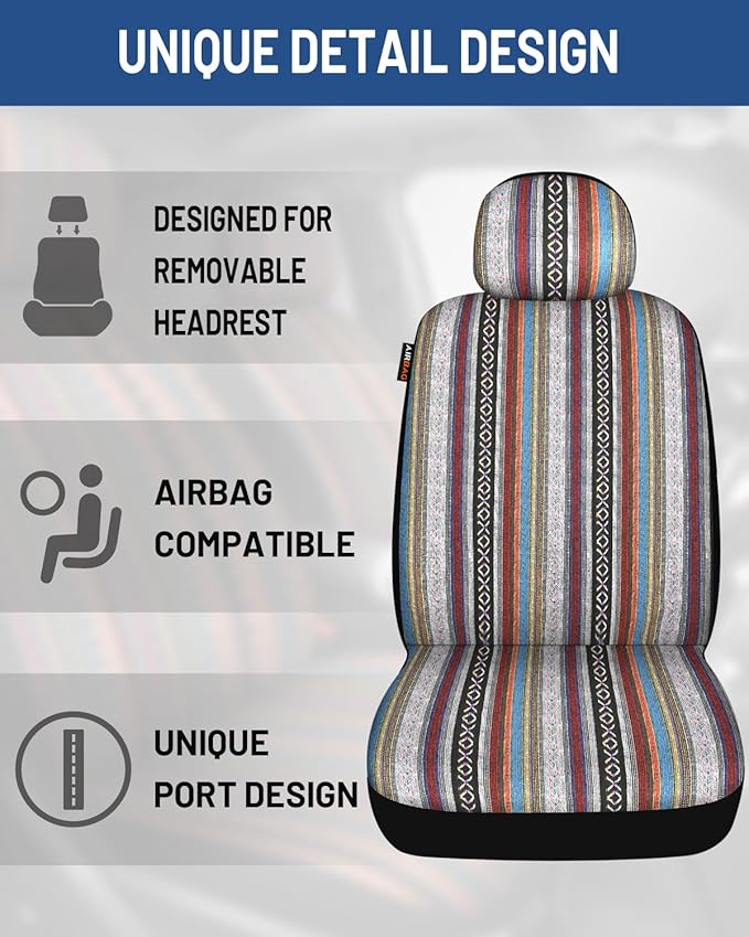 Baja Saddle Blanket Car Seat Covers Front Set with Seat Belt Pads, Washable Breathable Striped Woven Cloth Seat Covers for Ca