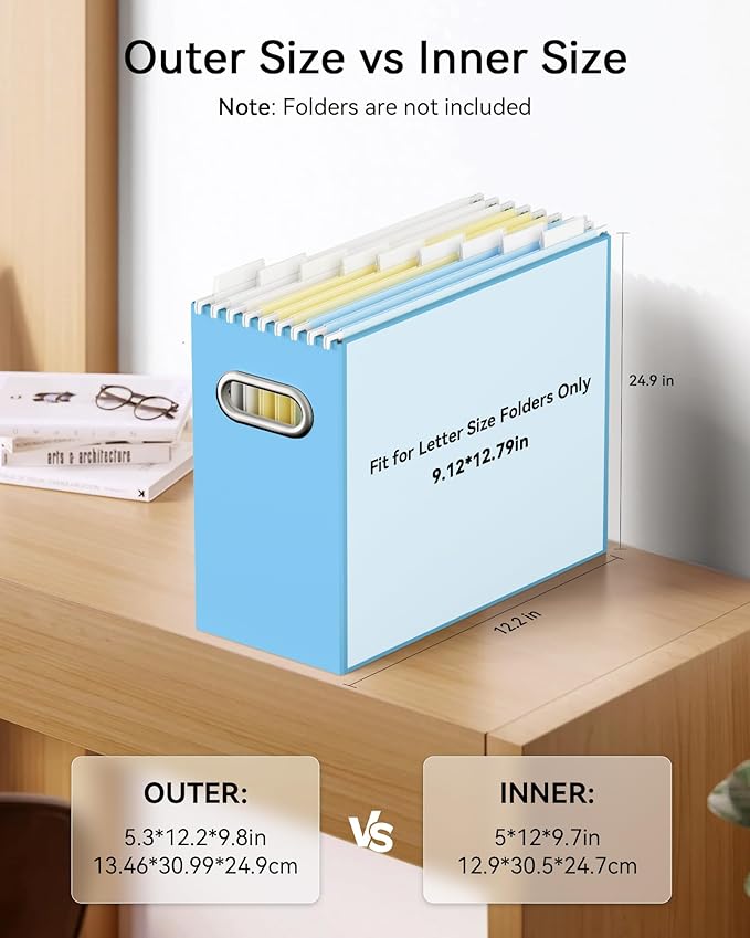 Oterri File Organizer Box, Portable Collapsible Cardboard File Folder Organizer with Handle for Letter Size Hanging Files, Do