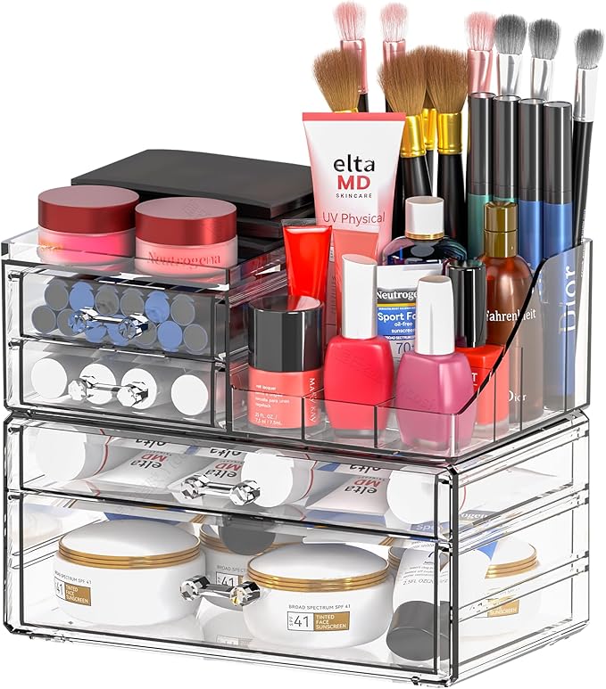 SUOXING Clear Acrylic Makeup Organizer for Vanity,Bathroom,Dresser,4 Drawer Make up Organizers for Counter,Plastic Countertop