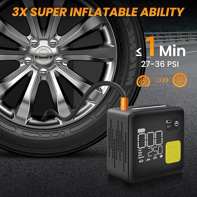 Cordless Air Compressor Portable, 150PSI Electric Tire Inflator for Car, 3X Faster Inflation, Heavy Duty Portable Air Pump with Auto Stop, LED Light for Emergency