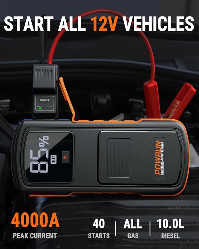 Powrun P-ONE MAX Jump Starter, 4000A Portable Jump Box, Car Jump Starter Battery Pack for All Gas or Diesel Engines up to