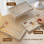 SPAKOWN Ring Box Display Holder, Clear Velvet Jewelry Storage Tray Organizer for Ring Stud Earring (Beige - 3 Drawers)