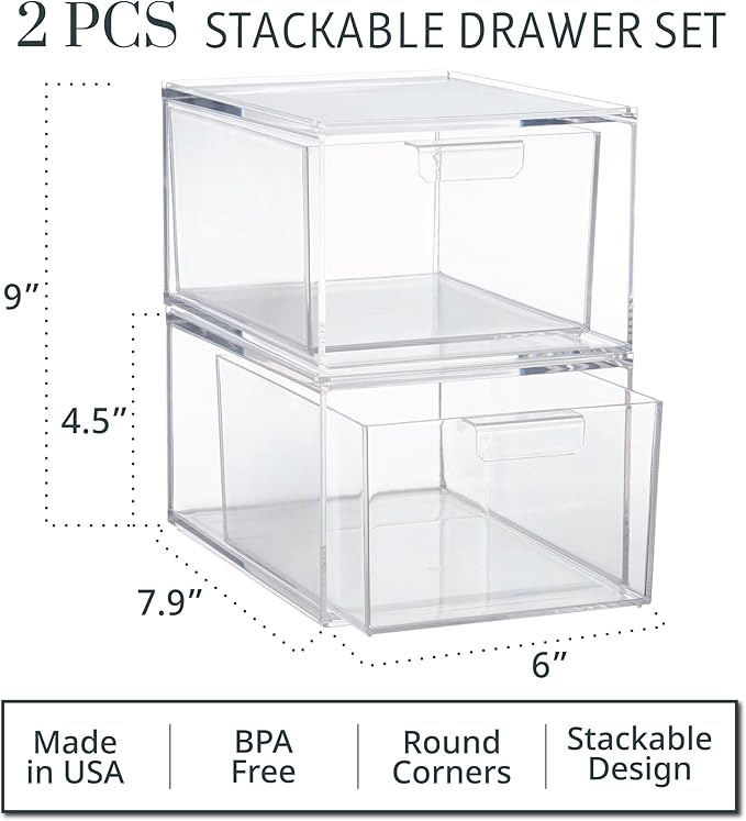 STORi Audrey Stackable Clear Bin Plastic Organizer Drawers | 2 Piece Set | Organize Cosmetics and Beauty Supplies on a Vanity