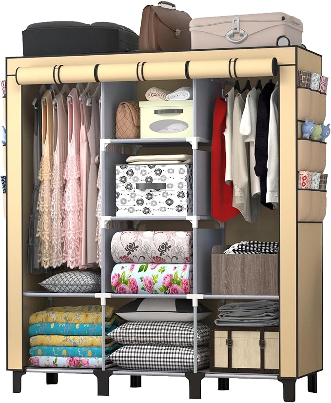 Portable Wardrobe with 10 Storage Racks and 2 Hanging Poles 6 Side Pockets Fleece Cover, Size 130 x 45 x 172 cm, Bedroom Clos