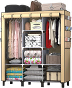 Portable Wardrobe with 10 Storage Racks and 2 Hanging Poles 6 Side Pockets Fleece Cover, Size 130 x 45 x 172 cm, Bedroom Clos