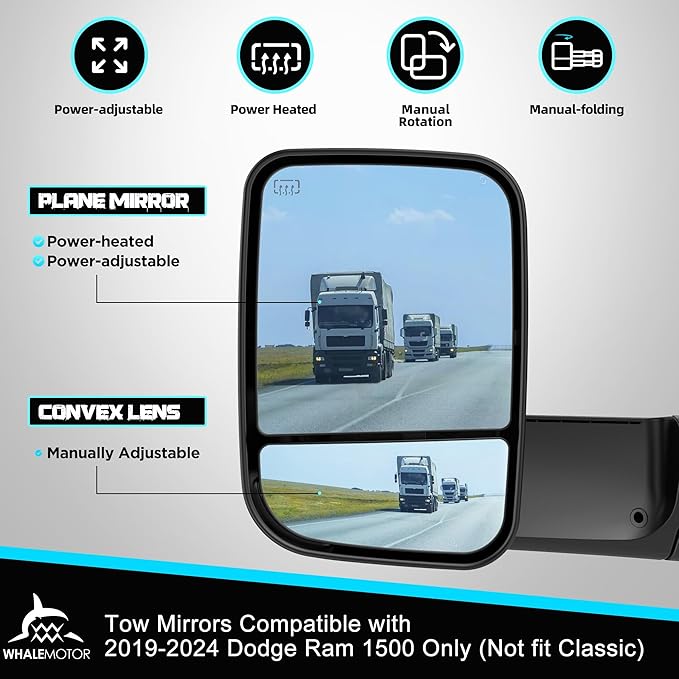 Power Heated Tow Mirrors Compatible with 2019-2024 Dodge Ram 1500 Only (Not fit Classic), Manual Flip & Fold Tow Side Mirrors w/Blind Spot Detection, Turn Signal, Puddle Light, Temp Sensor