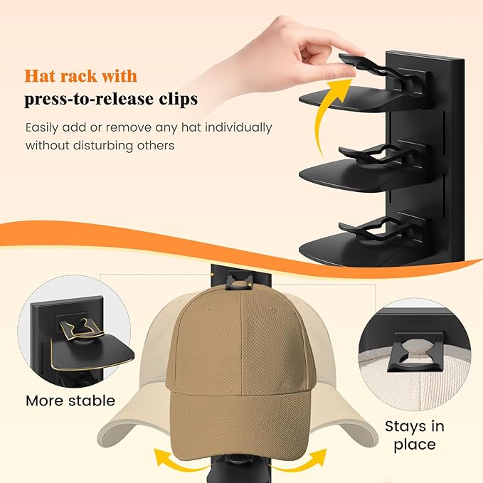 YOUDENOVA 2 Pack Hat Organizer for Baseball Caps, Adhesive or Screw-Mounted Hat Rack Holds 40 Hats, Hat Storage Display for W