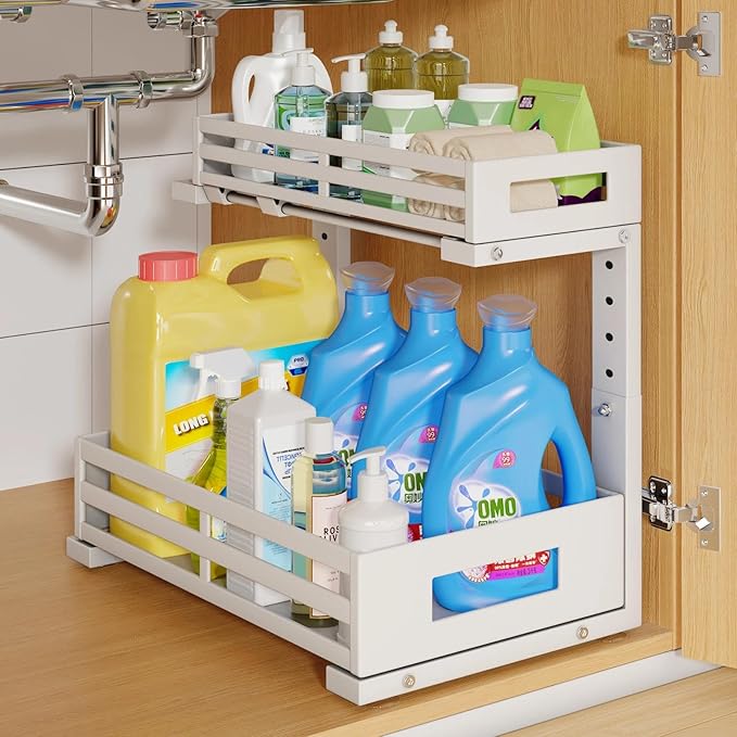 1-Pack Under Sink Organizers and Storage,2-Tier L Shape Pull Out Cabinet Organizer With Round Tube Slide Rails,Hight Adjustab