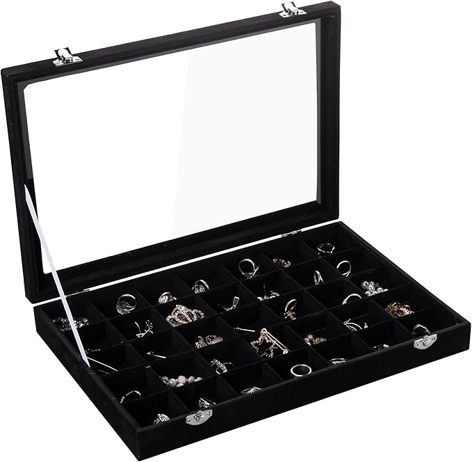 Frebeauty Velvet Jewelry Tray,35 Grid Jewelry Organizer with Clear Lid,Earring Holder Organizer Case with Clasp,Drawer Insert