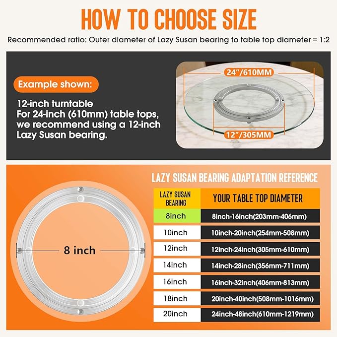 Heavy Duty Lazy Susan Turntable Bearing 8 Inch, 500lbs Capacity Rotating Swivel Plate for Round Table, Heavy Duty Swivel Base