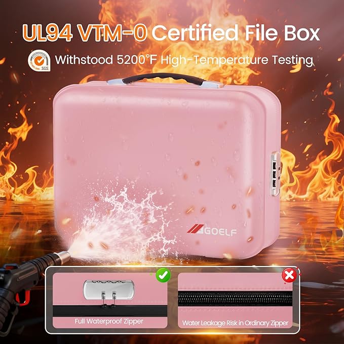 Fireproof Document Box with Lock, 5200°F Fireproof Water Resistant Hard Case File Organizer Safe Box for Important Documents,