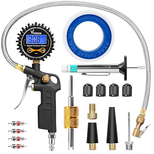 Vondior Digital Tire Pressure Gauge with Inflator, 250 PSI Heavy Duty Air Chuck with Tire Tread Depth Gauge, Stainless Steel Braided Hose with Quick Connect Coupler, Car Accessories