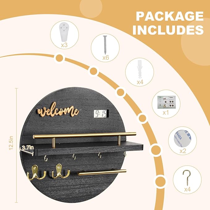 Key Holder for Wall, Key and Mail Holder Organizer with - Key Holder Wall Mount - Round Wooden Rustic Home Decor for Entryway