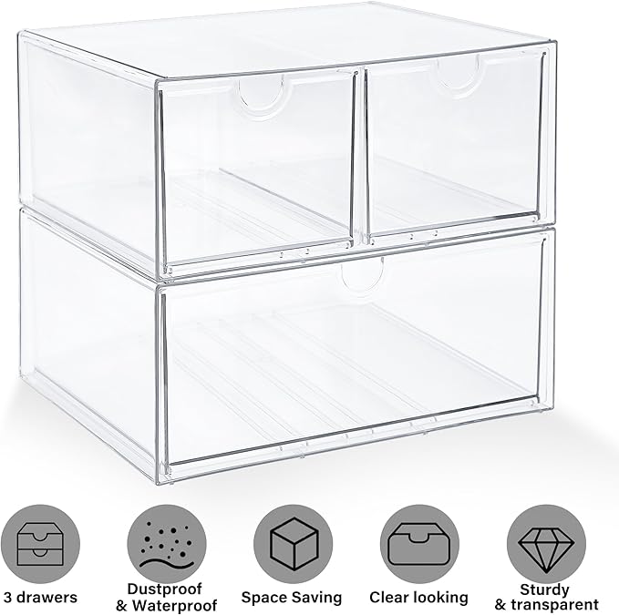 Prsildan Acrylic Drawer Makeup Organizer with 3 Drawers, Clear Stackable Storage for Baby Bottles, Craft, Jewelry & Hair Acce