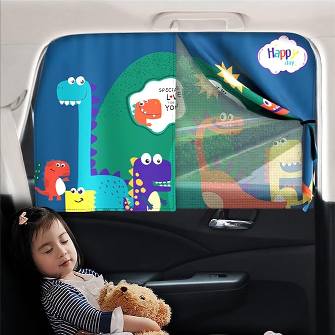 Car Sun Shade for Baby - EOHMAK Car Side Window Sun Shade Cover Upgrade Double Opening Car Interior Curtain Sun Blocker Blind (Dinosaur Family, 1 Pack)