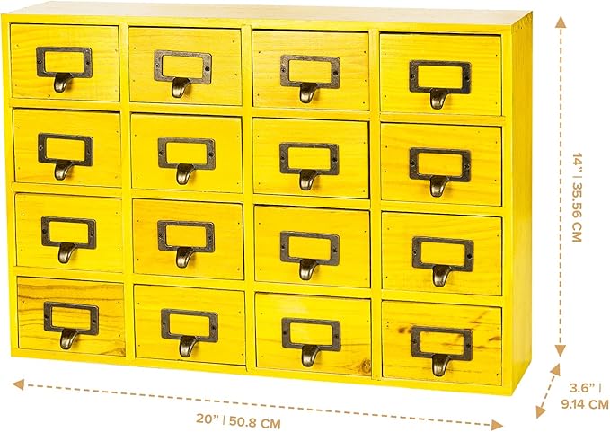 Yellow 16-Slot Wooden Drawer Unit - Country Style Desk Organizer - 20"x3.6”x14” Wooden Storage Box w/ 16 Drawers - Countertop