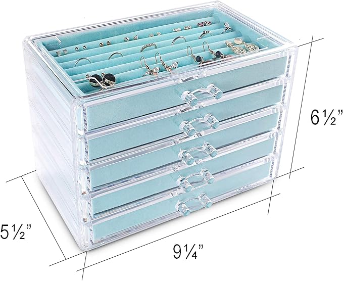 Frebeauty Extra Large Acrylic Jewelry Box for Women 5 Layers Clear Jewelry Organizer Velvet Earring Box with 5 Drawers Rings 