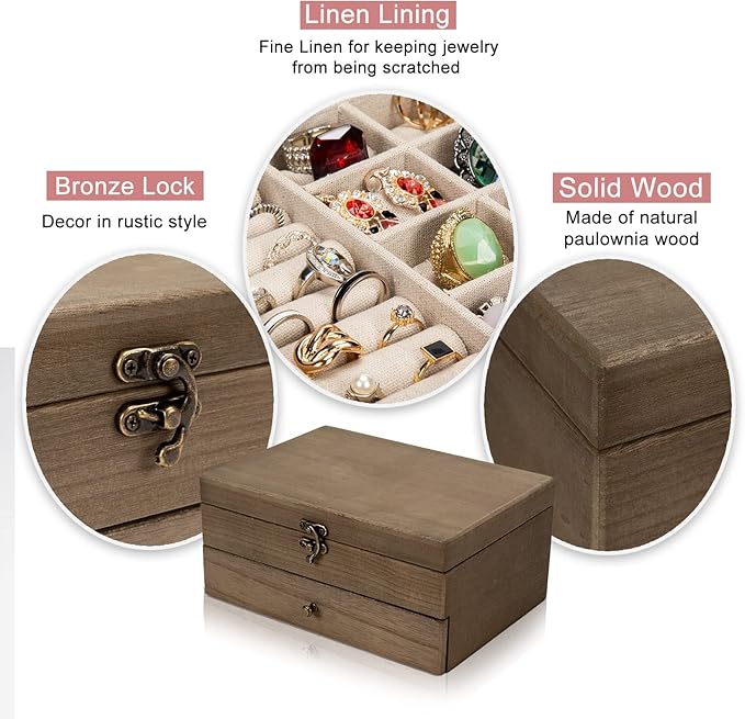 Pinzoveco Jewelry Box for Women, Rustic Wooden Jewelry Organizer Box for Storage Earrings Rings Necklace Bracelet, Farmhouse 