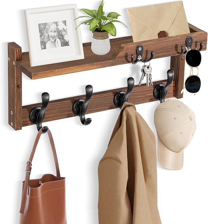 dreampossible Coat Rack Wall Mount with Shelf, Coat Hanger Wall Mount with Key Hooks and Mail Holder, Wood Entryway Floating 