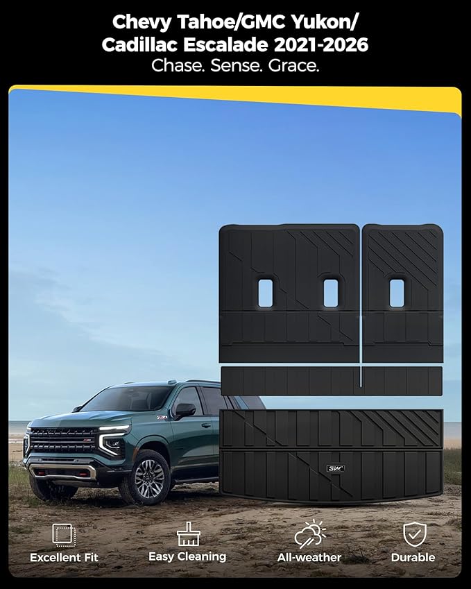 3W Cargo Liner & Seat Back Mats for 2021-2026 Chevrolet Chevy Tahoe/GMC Yukon (Only Yukon, Not Fit Yukon XL)/Cadillac Escalade (Only Escalade, Not Fit Escalade ESV), All Weather TPE Custom Fit
