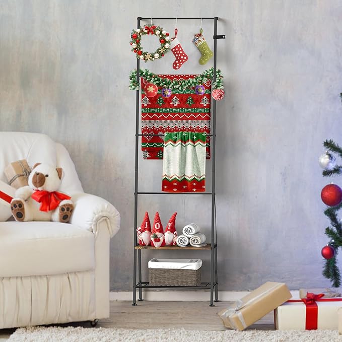 Blanket Ladder with Shelf - Blanket Rack Freestanding, Standing Towel Rack for Bathroom Living Room Bedroom, Blanket Holder w